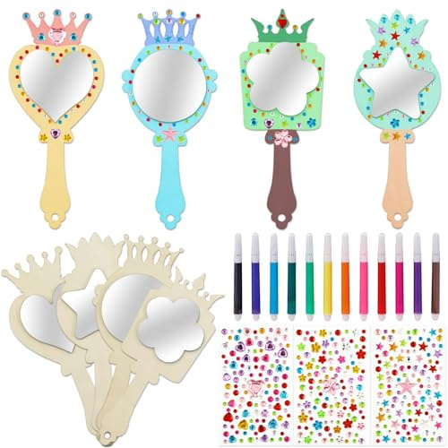 Meanju 8 Pièces Bricolage Miroir Couronne Princesse en Bois,Miroir en Bois DIY pour Enfants,Miroirà Main Princesse en Boisde Bricolage,EnfantMiroir en Boisà Peindre à Décorer DIY PetitMiroir