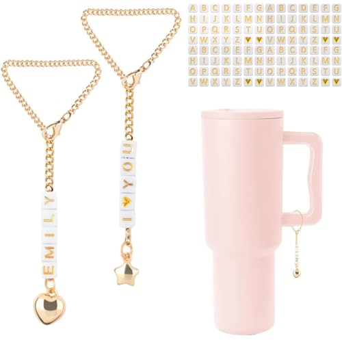 OUBFUUY 2Pcs Buchstaben hängen Stanley Cup Zubehör, Name Initiale ID Personalisierung Griff hängen 104Pcs nicht hängen DIY Buchstaben, DIY Identifizierung Handgriff Buchstaben hängen