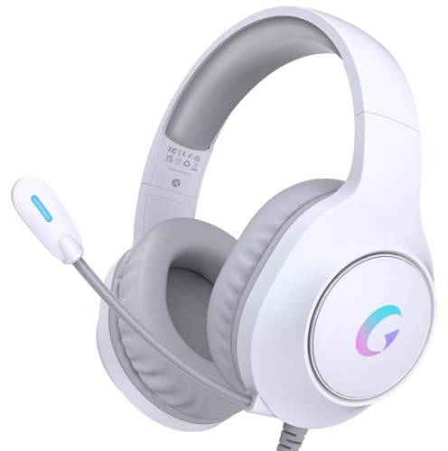 syndesmos CM7002 Gaming Headset for PS5, PS4, PC, Mac, Switch, Xbox Series, Surround Sound RGB Gaming Headphones with Noise Canceling Microphone, 50MM Dynamic Drivers, 3.5MM Audio Jack, Light White