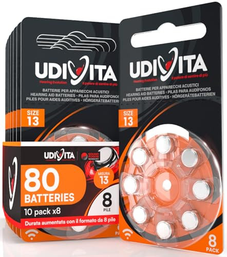 80 Batterie Per Apparecchi Acustici Udivita Auricolari PR48 Misura 13 (Arancioni) con Tecnologia Phono Pulse - 10 Blister da 8 Pile