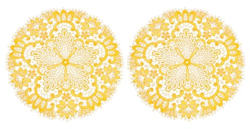 QUARKZMAN 2Pcs Tovagliette Pizzo Retro, 10.6x10.6inch rotondo Centrino All'uncinetto Francese Con Fiore Cavo Centrale Per Vaso Sottopentola Per Tavola Da Pranzo Decorazione Casa, Giallo