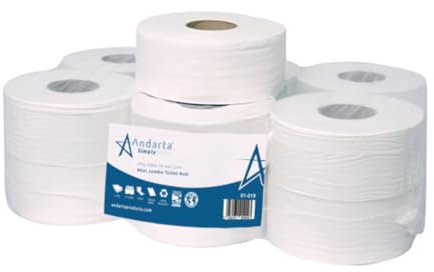 Andarta - 76mm Core 2Ply Mini Jumbo White Toilet Rolls - Pack of 12 High Capacity Toilet Roll - 150m Per Roll - Made from Recycled Materials - Suitable for All Jumbo Dispenser