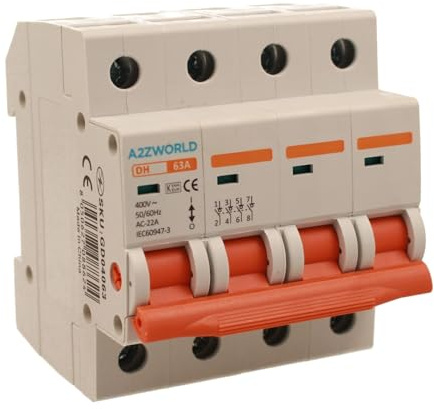 Disjoncteur modulaire triphasé 63A, 4P quadripolaire 4 modules DIN 380 V AC, IP20, certifié IEC60947-3