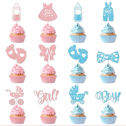 Zimocepuz Gender Reveal Cupcake Topper, 36 Cupcake Topper för Genre, Rosa och Blå Ljusa färgscheman för bebisfester,
