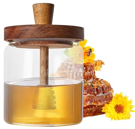 Vaso per miele – Contenitore per nettare trasparente, dispenser per pioviggine a cucchiaio | Portaconserve per alimenti, stile rustico con copertura in legno, strumento con impugnatura facile, support