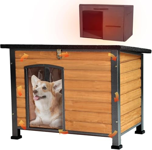 Aivituvin Outdoor Dog House with Insulated Liner, Large Waterproof Dog Kennel for Winter,Unique All-Around Iron Frame (Brown, Large with Liner)