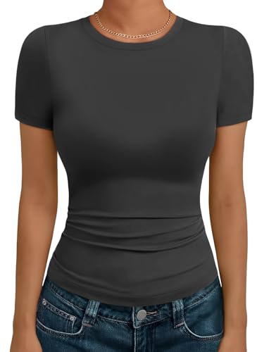 Cuptacc Tee Shirt Femme Élégant Col Rond Manches Courtes T Shirt Basique Slim Fit Tricot Côtelé Modal Haut