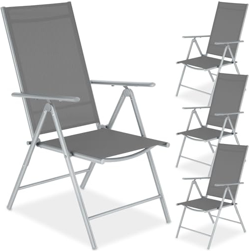 tectake® Chaise de jardin pliable 54,5x65x107,5 cm, Lot de 4, Dossier inclinable en 8 positions, Tissu Textilène respirant, Résistantes intempéries et UV, Chaise extérieure, Fauteuil de jardin, Argent