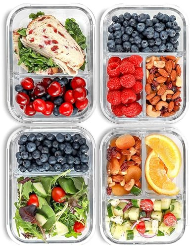 FIT Strong & Healthy Glass Meal Prep Containers, 2 & 3 Compartments - Portion Control, Lunch Container Set, Food Storage, Airtight Lids, Oven & Freezer Safe, Leak-Proof Bento Box, 32 oz, Blue, 4 Pack