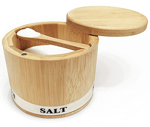 ThougrLyh Salt Box Bamboo Salt Container with Swivel Lid with Magnetic to Easily Open and Seal Salt Cellar With Spoon for Storing Salt Pepper Sugar Herbs Small Spice Box