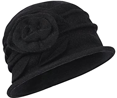 IBLUELOVER Women's Vintage Wool Felt Bowler Hat - Floral Church Cloche Flapper Beanie Cap - Winter Soft Warm Bucket 1920s Derby - Black