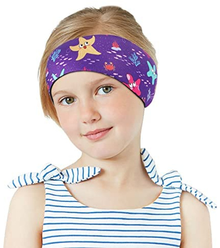 MoKo Lovely Kids Swimming Headband, Waterproof Ear Protection Band for Bathing, Ages 4-17, Purple Starfish