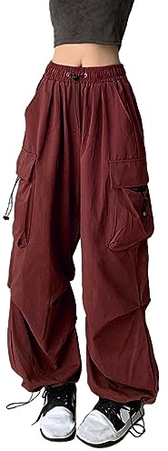 TSMNZMU High Waist Mutil Pocket Loose Fit Trousers - Women's Wide Leg Baggy Cargo Pants E Girl High Waisted - Plus Size Streetwear Womans Cargo Baggy Pants Red