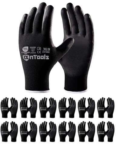 AnTools 12 Paires Gants de Travail pour Homme et Femme – Revêtement PU Anti-Dérapant, Légers et Respirants, Excellente Prise, Idéaux pour Travaux Généraux et Jardinage, Noir, Taille 9/L