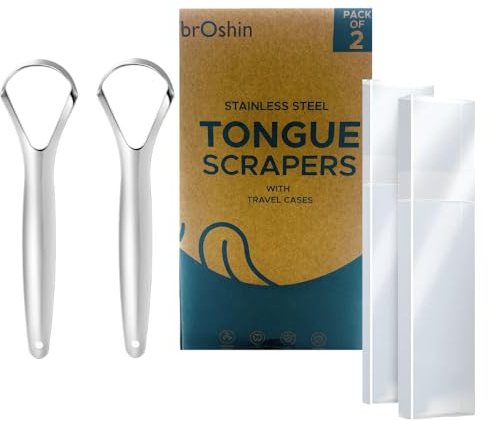broshin Pulisci Lingua 2Pcs Raschietti per Lingua Pulisci Lingua in Acciaio Inossidabile Pulitore per Lingua Riducono l´Alito Cattivo con Custodie da Viaggio Incluse