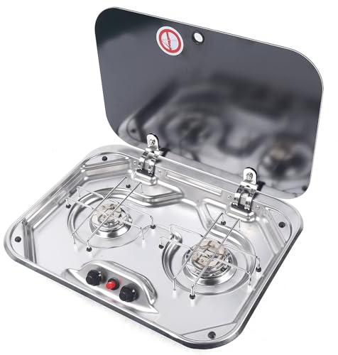 Gaskochfeld Gasherd Kochfeld, Edelstahl 2 Brenner Gasherd Mit Glasdeckel, Brennstoffkochfelder Gaskocher Für Wohnmobil Boot Wohnwagen Camper Outdoor