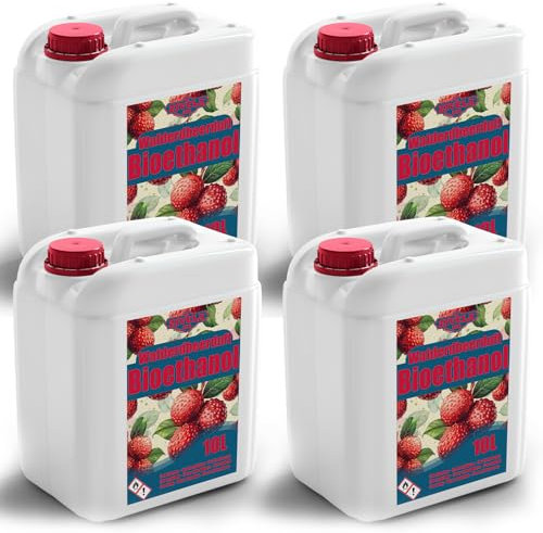 Bioetanol 96,6% 40 l | Ekologisk alkohol jordgubbsdoft 96,6% 4 x 10 l | bioetanol för öppen spis, bordskamin | bioetanol skogsjordgubbe doft | Ren förbränning, utan rök