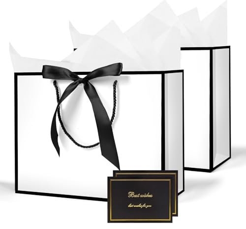 AMFUN Geschenktüten, 2 Stück Papiertüten mit Schleifenbändern + 2 Grußkarten + 4 Seidenpapier, Kreuzbodenbeutel, Geschenktaschen Groß mit Henkel für Geburtstag Hochzeit Feier Party