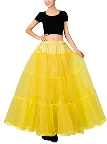 Sottogonna Crinolina Petticoat Tulle Lunga Donna Balletti Danza Sottogonne 50's Organza Retro Tutu Gonna Vintage Rockabilly Underskirt Lunghezza alla caviglia Sottovesti e Sottogonna(Giallo,50)