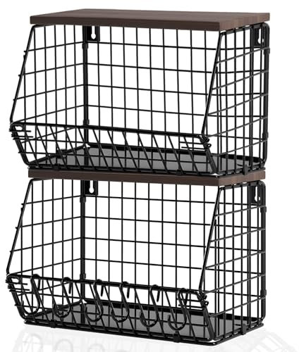 Fruit Basket 2pcs for Kitchen Wire Storage Baskets with Wood Lid & 6 Hooks Stackable or Wall-mounted & Countertop Tiered Kitchen Storage for Fruit,Snacks and Vegetables,Black