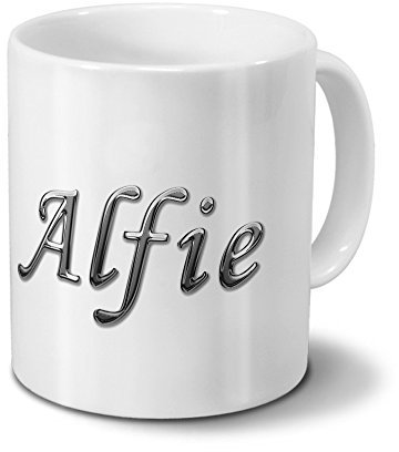 printplanet Tasse mit Namen Alfie - Motiv Chrom-Schriftzug - Namenstasse, Kaffeebecher, Mug, Becher, Kaffeetasse - Farbe Weiß