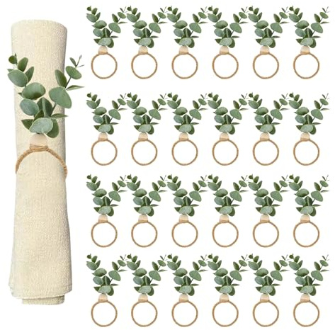 AEKAO 24 Pcs Napkin Rings with Artificial Eucalyptus Leaf Wood Bead Jute Rope for Christmas Farmhouse Wedding Home Dining Table Party Decoration