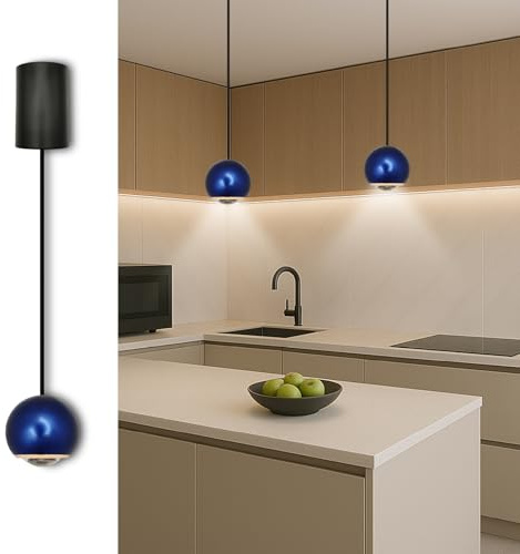 LED ATOMANT Lampara Colgante de Techo Moderna Esfera Azul 6W, Color Blanco Neutro (4000K), 450 Lúmenes, Luz para barra de bar, restaurante, decorativa, hogar, salon, cocina