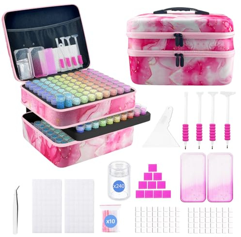 SuSentak Diamond Art Storage Containers with Dot Drill Tools,240 Slots Bead Organizer Case for 5D DIY Art Kits, Portable Craft Box for Diamond Painting Accessories (Pink)