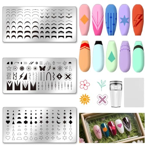 UNICRAFTALE Juego de 3 sellos para uñas, placa de sello de uñas francesa, línea francesa, flores de corazón, plantillas de uñas, arte de uñas, plantilla de sello DIY con raspador de uñas para mujeres