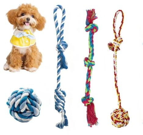 Blrmba 4-Pack Cotton Rope Dog Toys, Puppy Teething Chews for Small-Medium Breeds, Durable Tug-of-War & Fetch Toys for Indoor/Outdoor Play, Aggressive Chewers, Boredom Relief, Teeth Clean