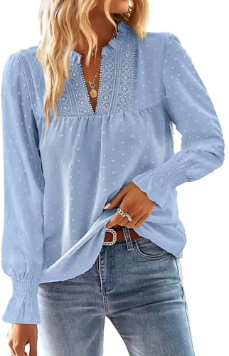 TUUHAW Tee Shirt Femme Boho Col en V Top Manches Longues Dentelle | Blouse Haut Été Chic et Élégant Chemise Automne, Tunique à Point Suisse, T-Shirt Mousseline Fluide Blouses Loose