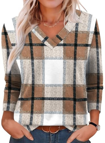 Plaid Shirts for Women V Neck Long Sleeve Tops Chocolate Brown Fall Clothes Blouses for Women Dressy Casual L