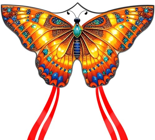 Mint's Colorful Life Butterfly Kite for Kids & Adults, Easy to Fly Kites for Beach, Large Single Line Kites with Long Tail &300ft Kite String (Orange Shinning)