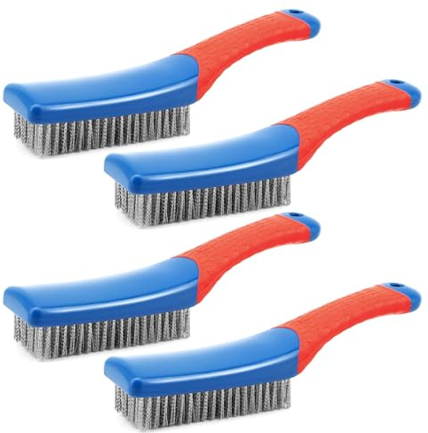 ZOCONE 4 Pcs Heavy Stainless Steel Wire Brush Set for Rust Removal Durable Wire Brushes for Cleaning for Cleaning Car Parts, Pots, Barbecue Grill Metal Brush for Rust with Silicone Grip