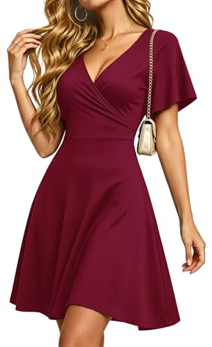 PLMOKEN Robes d'été croisées pour Femme à Manches à Volants et Poches | Robes d'été courtes à col en V pour la plage Robe d'invitée de mariage à taille empire soirée vacances