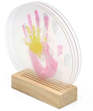 Family Handprint Kit Acrylic with Transparent Acrylic Discs and Wooden Stand, Decorative Set for Family Handprints, Modern Keepsake for Creating Shared Moments