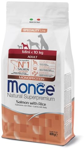 Monge Natural Superpremium Adult Mini Salmon and Rice, Comida para Perros de Todas Las Razas (Comida Seca para Perros de Menos de 10 kg, con salmón y arroz, Muy Rica en Fibra y vitaminas, 0,8 kg)