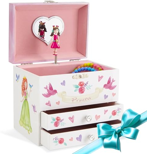 Jewelkeeper - Joyero Niña con 2 Cajones Extraíbles, Joyero Musical Niña con Bailarina Giratoria - Caja Musical Azul con Lentejuelas y Espejo Ovalado, 17.2 x 11.5 x 15 cm