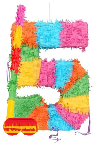 Fax Potato Number 5 Cardboard Pinata, Stick and Blindfold Set - Fill Your Own Kids Large Party Accessory Decoration - W35cm x D7.5cm x H50cm