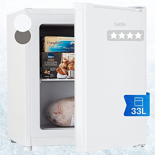 Klarstein Congelador Pequeño Vertical, Mini Congelador Portatil Silencioso para Casa y Oficina, Congeladores Capacidad 33 l. con Estante, Eficiencia Energética, Estante, Dep. Hielos y Rascador