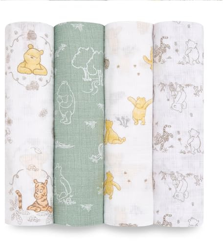 aden + anais essentials 100% Cotton Muslin Swaddle & Receiving Blanket for Baby Girls & Boys, 112x112cm, Newborn Swaddling Set, Infant & Toddler Shower Gift, 4 Pack, winnie + friends