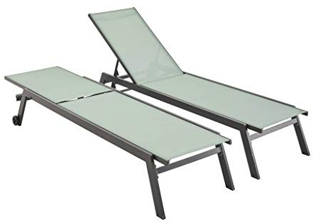 Alice's Garden - Lot de 2 Bains de Soleil Elsa en Aluminium Gris Anthracite et textilène Vert de Gris. transats Multi Positions avec roulettes
