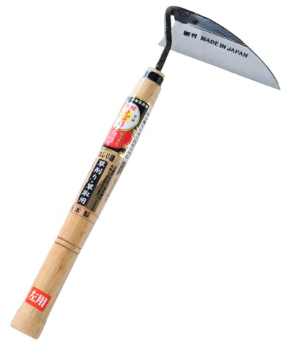 豊稔光山作 HONEN Japanese Left-Handed Nejiri Kama Weeding Sickle, Sharp Composite Steel Hand Weeder for Precise Weed Removal in Tight Spaces, Wood Handle, Made in Japan