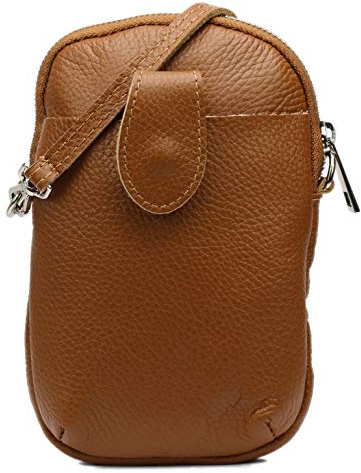 SH Leder G345 Dam axelväska mobiltelefon multifunktionell handväska väska gjord av äkta läder justerbar axelrem mobiltelefon upp till 7 tum 20 x 14 cm ros, Konjak