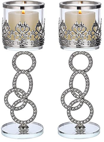 Tolida Crystal Glass Tea Light Votive Candle Holder Set of 2 Decorative Clear Glass Aromatherapy Candle Holder for Wedding Birthday Christmas Halloween Party, 21.5cm, Silver