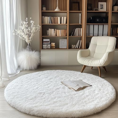 Tenekee Teppich Rund Teppich Wohnzimmer Hochflor Teppiche Langflor Wohnzimmerteppich für Wohnzimmer Flauschiger Teppich Schlafzimmer Outdoor Carpet (Weiß, 160cm)