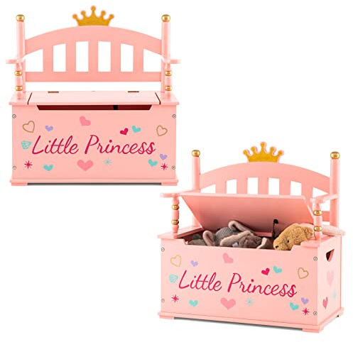 Costzon Wooden Toy Box, 2 in 1 Toy Chest Storage Bench Seat with Safety Hinged Lid, Kids Toy Storage Organizer for Playroom Bedroom, Children's Furniture, Pink
