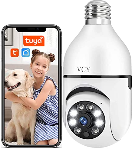 VCY Cámara de seguridad con bombillas, E27 WiFi Color Night 360 grados Pan/Tilt Cámara IP panorámica de 2,4 GHz 1080P para el hogar inteligente con alarma de detección de movimiento