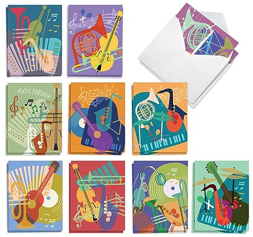 The Best Card Company 20 Assorted Thank You Notecards Boxed Set 4 x 5.12 Inch with Envelopes (10 Designs, 2 Each) Musical Notes AM10042TYG-B2x10