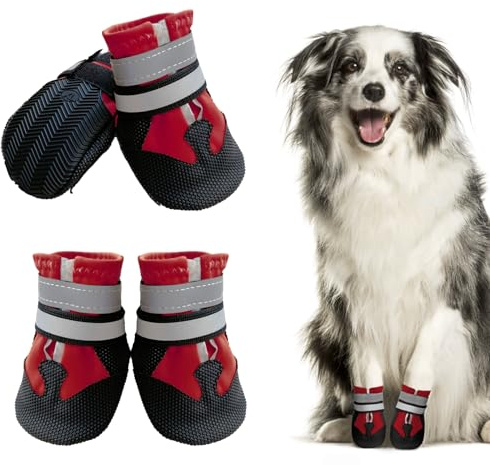 Muecleao - Stivali per cani, set di 4 paia di scarpe per cani con zampe ferite, scarpe impermeabili per cani con cinghie riflettenti e suola antiscivolo, protezioni per zampe per cani di piccola